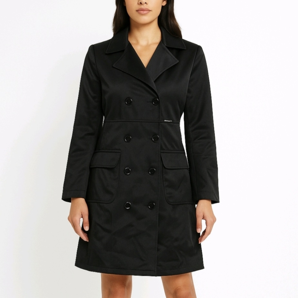 Guess Trench Coat Black Double Breasted Collared Long Sleeve Size M
